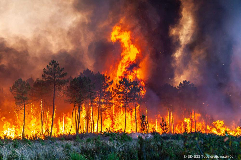 This photo provided by the fire brigade of the Gironde region (SDIS 33) shows a wildfire near Landiras, southwestern France, Sunday July 17, 2022 . Firefighters battled wildfires raging out of control in France and Spain on Sunday as Europe wilted under an unusually extreme heat wave that authorities in Madrid blamed for hundreds of deaths. (SDIS 33 via AP)