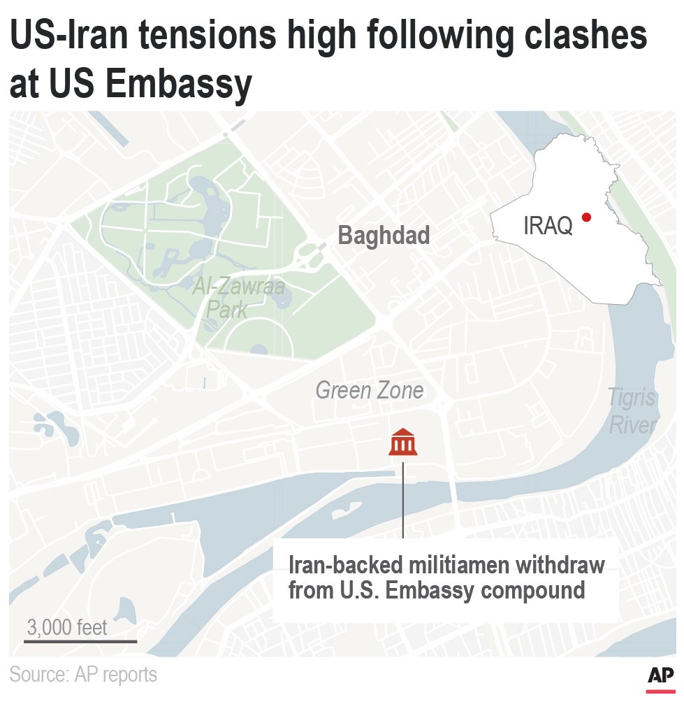 Map locates the US Embassy in Baghdad, Iraq, where clashes between Iran militiamen and U.S. security forces took place. (Credit: Associated Press)