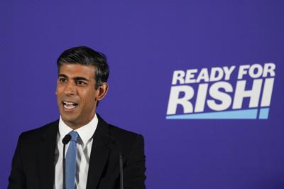 ARCHIVO - Rishi Sunak, exsecretario del Tesoro británico, inicia su campaña para el liderazgo del Partido Conservador, Londres, 12 de julio de 2022. Sunak quedó como finalista en la contienda junto con la secretaria del Exterior, Liz Truss, el miércoles 20 de julio de 2022. (AP Foto/Alberto Pezzali, File)