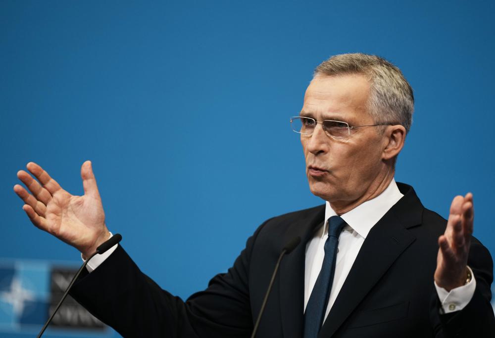 NATO Secretary General Jens Stoltenberg speaks during a media conference during an extraordinary NATO summit at NATO headquarters in Brussels, Thursday, March 24, 2022. As the war in Ukraine grinds into a second month, President Joe Biden and Western allies are gathering to chart a path to ramp up pressure on Russian President Vladimir Putin while tending to the economic and security fallout that's spreading across Europe and the world. (AP Photo/Thibault Camus)