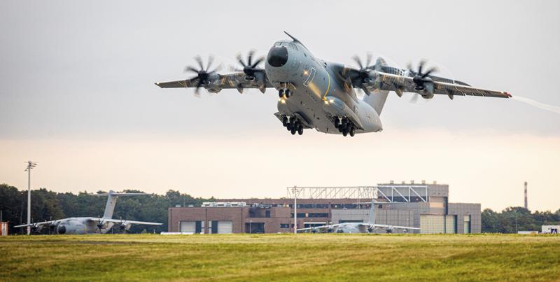 An Airbus A400M transport aircraft of the German Air Force takes off early this morning from the Wunstorf air base in the Hanover region Monday, Aug. 16, 2021. In view of the rapid advance of the Taliban in Afghanistan, the Bundeswehr wants to begin evacuating German citizens and local Afghan forces from Kabul. (Moritz Frankenberg/dpa via AP)