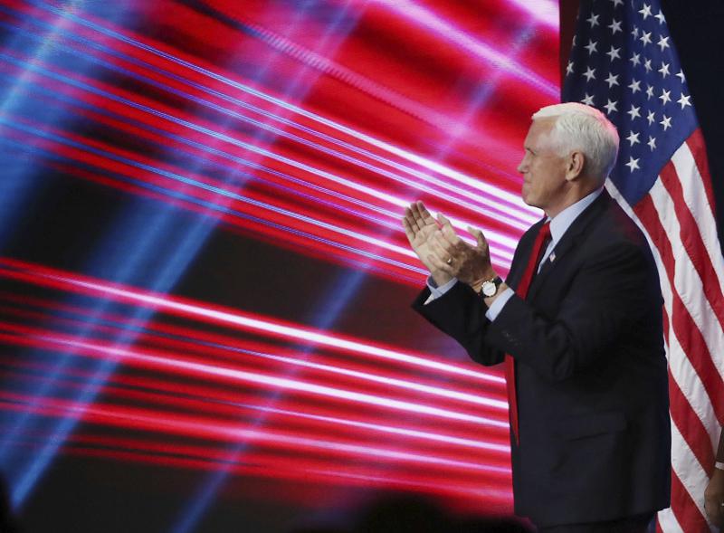 Former vice president Mike Pence speaks during the Road to Majority convention at Gaylord Palms Resort & Convention Center in Kissimmee, Fla., on Friday, June 18, 2021. (Stephen M. Dowell /Orlando Sentinel via AP)