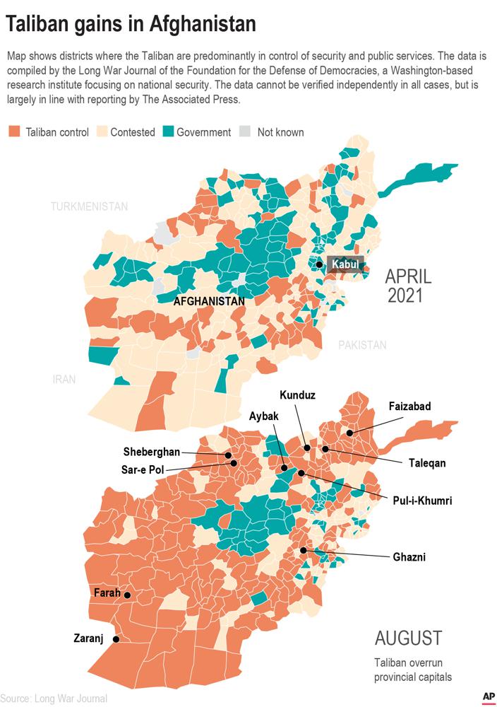 Map shows areas controlled by Taliban.