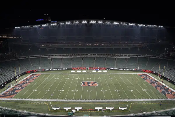 Paycor Stadium sits empty after the NFL postponed the game following an injury to Buffalo Bills' Damar Hamlin during the first half of an NFL football game between the Cincinnati Bengals and Buffalo Bills, Monday, Jan. 2, 2023, in Cincinnati. (AP Photo/Joshua A. Bickel)