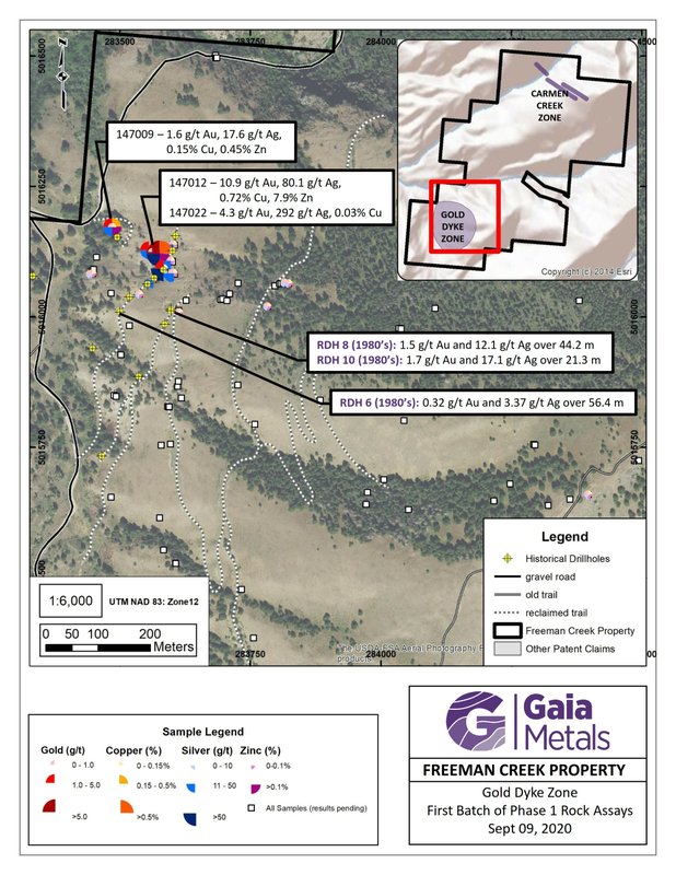 Gaia Metals Corp Samples 10 9 G T Au 80 1 G T Ag And 0 72 Cu At Gold Dyke And 15 3 G T Au 41 0 G T Ag And 0 78 At Carmen Creek Freeman Creek Property Idaho Usa