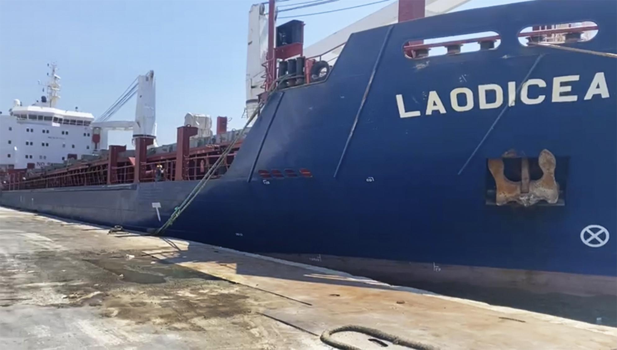 This image from video provided on Friday, July 29, 2022, shows the cargo ship Laodicea docked at a seaport in Tripoli, Lebanon. Lebanese officials rejected protests from Ukraine that the ship was carrying 10,000 metric tons of grain stolen by Russia. However, satellite imagery reviewed by The Associated Press shows the ship had been loaded two weeks earlier in Crimea, a part of Ukraine occupied by Russia. (AP Photo)