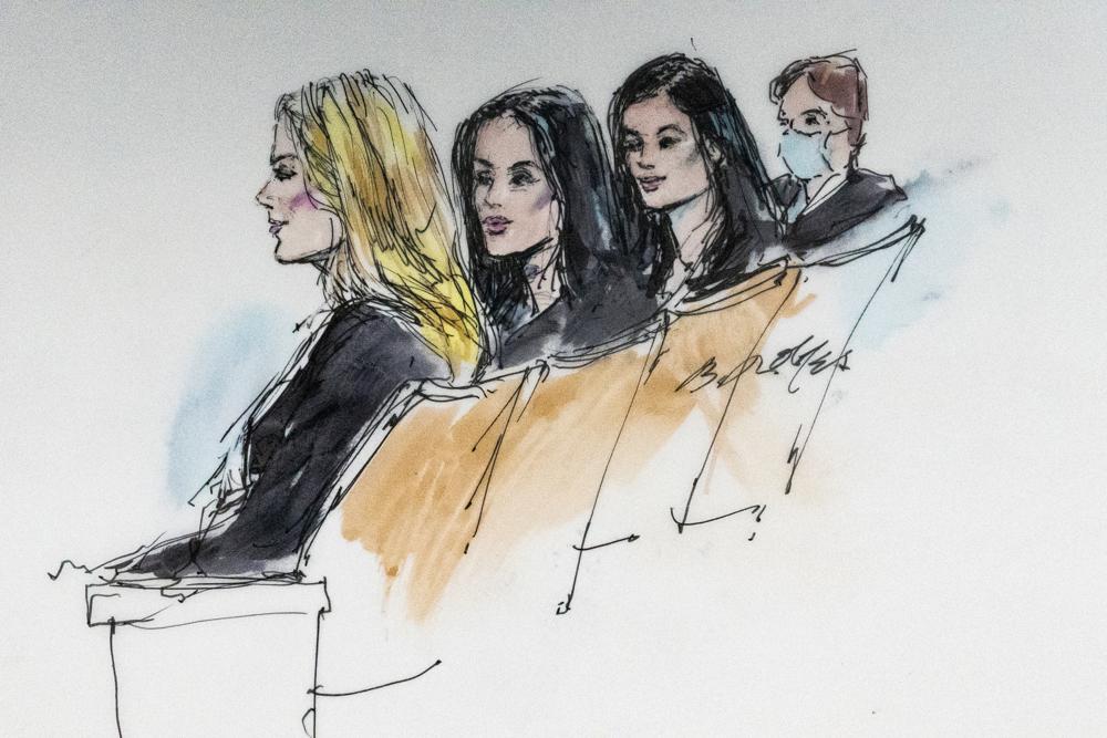 In this courtroom artist sketch, Khloe Kardashian, from left, Kim Kardashian, Kylie Jenner and Kris Jenner sit in court in Los Angeles, Tuesday, April 19, 2022. A jury has been seated in a trial that pits model and former reality television star Blac Chyna against the Kardashian family, who she alleges destroyed her TV career.  (Bill Robles via AP)