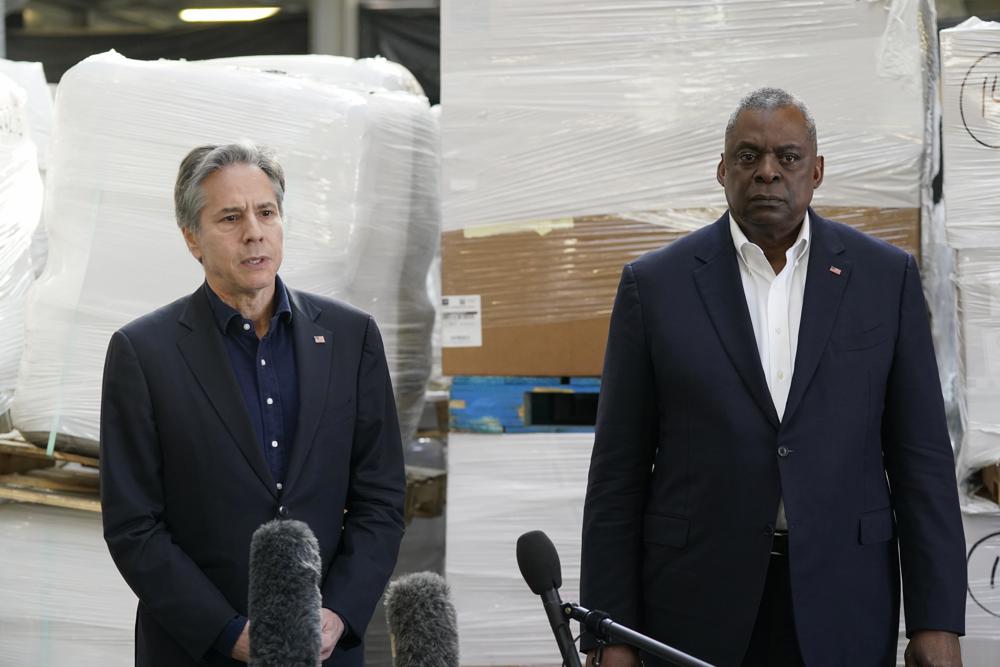 Secretary of Defense Lloyd Austin and Secretary of State Antony Blinken, speak with reporters Monday, April 25, 2022, in Poland, near the Ukraine border, after returning from their trip to Kyiv, Ukraine, and meeting with Ukrainian President Volodymyr Zelenskyy. (AP Photo/Alex Brandon, Pool)