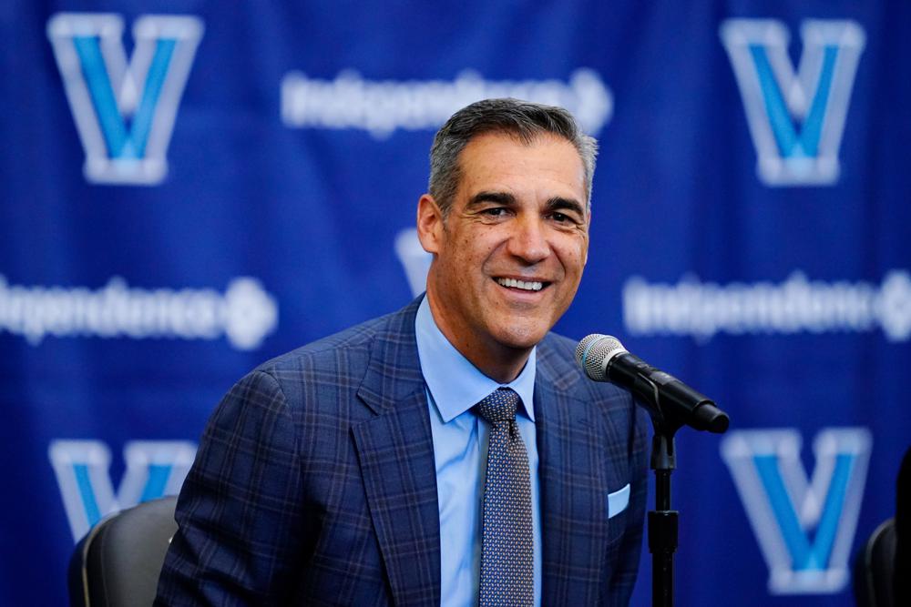 Jay Wright speaks at a news conference about his resignation as NCAA college basketball coach at Villanova, in Villanova, Pa., Friday, April 22, 2022. (AP Photo/Matt Rourke)