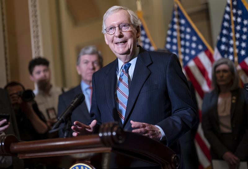 FILE - Senate Minority Leader Mitch McConnell, R-Ky., speaks with reporters following a closed-door policy lunch, at the Capitol in Washington, June 14, 2022. McConnell set the strategy to confirm conservative judges, and transform the federal judiciary in motion, engineering the Supreme Court's makeover by blocking President Barack Obama's nomination of Merrick Garland and changing the Senate's rules to easily confirm Trump's picks. (AP Photo/J. Scott Applewhite, File)