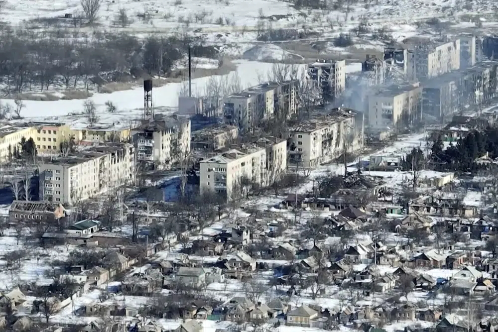 FILE - video footage of Bakhmut shot from the air with a drone for The Associated Press on Monday, Feb. 13, 2023, shows how the longest battle of the year-long Russian invasion has turned the city of salt and gypsum mines in eastern Ukraine into a ghost town. The relentless Russian bombardment has reduced Bakhmut to smoldering wasteland with few buildings still standing intact as Russian and Ukrainian soldiers have fought ferocious house-to-house battles amid the ruins. (AP Photo, File)