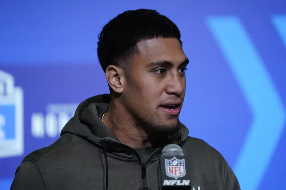Alabama linebacker Henry To'oTo'o speaks during a news conference at the NFL football scouting combine, Wednesday, March 1, 2023, in Indianapolis. (AP Photo/Erin Hooley)
