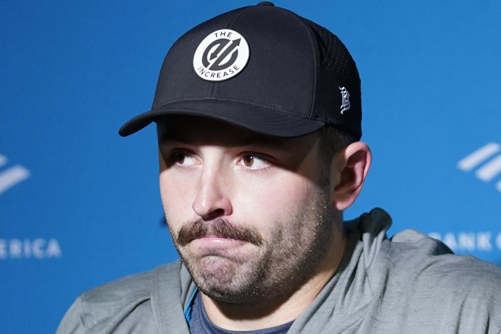 Carolina Panthers quarterback Baker Mayfield takes questions during a news conference after an NFL football game against the Cincinnati Bengals, Sunday, Nov. 6, 2022, in Cincinnati. (AP Photo/Joshua A. Bickel)