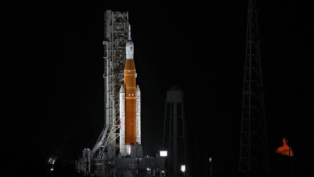 NASA's new moon rocket sits on Kennedy Space Center's Launch Pad 39-B Tuesday, Nov. 15, 2022, hours before a planned liftoff in Cape Canaveral, Fla. (AP Photo/Chris O'Meara)