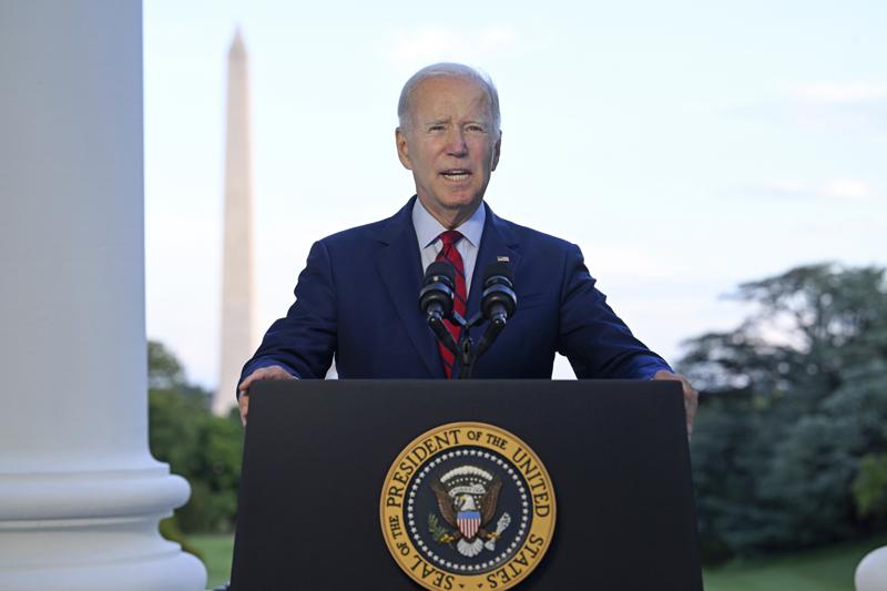 President Joe Biden speaks from the Blue Room Balcony of the White House Monday, Aug. 1, 2022, in Washington, as he announces that a U.S. airstrike killed al-Qaida leader Ayman al-Zawahri in Afghanistan. (Jim Watson/Pool via AP)