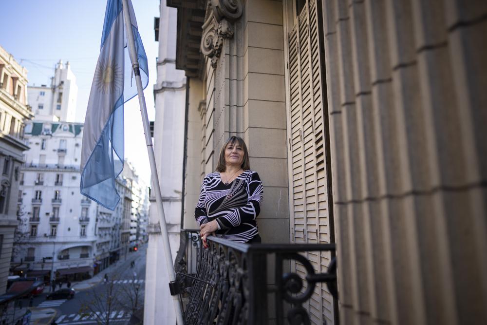 Cecilia De Vincenti, daughter of the late Mothers of the Plaza de Mayo's founder Azucena Villaflor, poses for a photo in Buenos Aires, Thursday, June 15, 2023. Villaflor was among the detainees who were tossed out into the sea on the "death flights," during Argentina's last military dictatorship. (AP Photo/Victor R. Caivano)