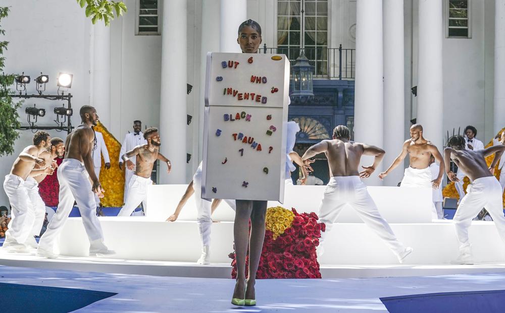 The latest fashion from Pyer Moss is modeled Saturday July 10, 2021, in Irvington, N.Y. Staged at the Villa Lewaro mansion, the home built by African American entrepreneur Madam C.J. Walker in 1917, the show was themed around inventions by African Americans. (AP Photo/Bebeto Matthews)