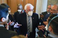 Sen. Bernie Sanders, I-Vt., speaks with reporters on Capitol Hill in Washington, Aug. 6, 2022. Although many pieces of President Joe Biden's domestic agenda were jettisoned over the last year, his proposals on climate change remained largely intact. The legislation was passed by the Senate over the weekend and is expected to receive a vote in the House on Friday. (AP Photo/Patrick Semansky)