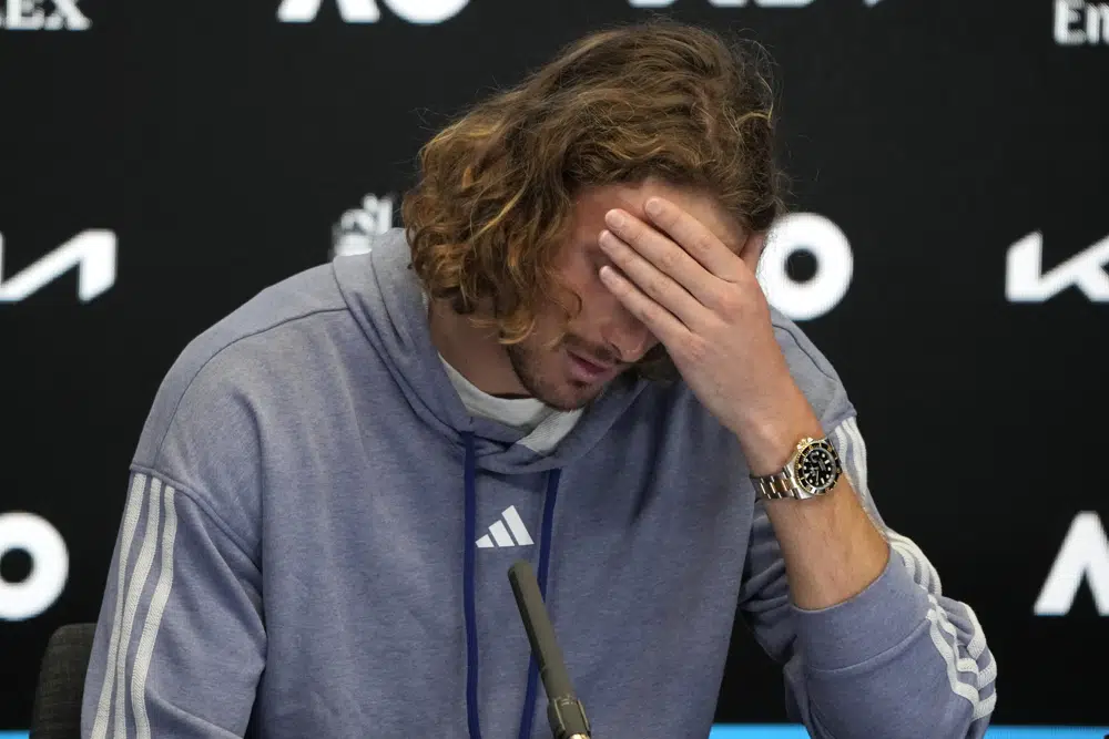 Stefanos Tsitsipas of Greece reacts during a press conference following his loss to Novak Djokovic of Serbia in the men's singles final at the Australian Open tennis championship in Melbourne, Australia, Sunday, Jan. 29, 2023.(AP Photo/Dita Alangkara)