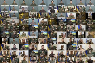 En esta combinación de imágenes tomadas de videos distribuidos por la oficina de prensa de la presidencia de Ucrania, el presidente del país, Volodymyr Zelenskyy, en los distintos discursos que ha ofrecido desde Kiev, Ucrania, entre el 24 de febrero y el 3 de junio de 2022. (Oficina de prensa de la presidencia ucraniana vía AP)