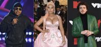 This combination of photos show LL Cool J hosting the iHeartRadio Music Awards in Los Angeles on March 22, 2022, left, Nicki Minaj at The Metropolitan Museum of Art's Costume Institute benefit gala in New York on May 6, 2019, center, and Jack Harlow at the MTV Video Music Awards in New York on Sept. 12, 2021. The rappers will host the MTV Video Music Awards on Aug. 28. (AP Photo)