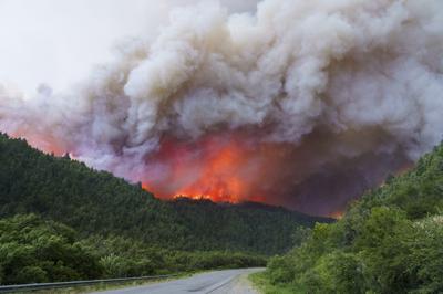 Columnas de humo se elevan en las cercanías del Lago Steffen debido a un incendio forestal, el miércoles 29 de diciembre de 2021, cerca de Río Villegas, Argentina. (AP Foto/Cristian Kovadloff)