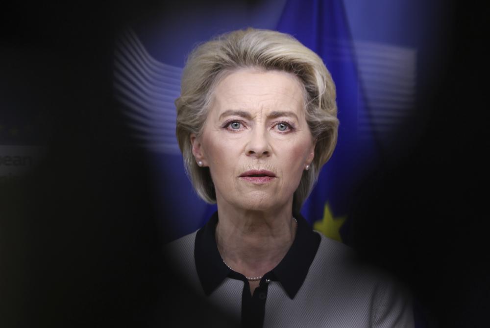 European Commission President Ursula von der Leyen, speaks during a press statement on Ukraine, at EU headquarters in Brussels, Thursday, Feb 24, 2022. Russian troops launched a wide-ranging attack on Ukraine on Thursday, as President Vladimir Putin cast aside international condemnation and sanctions and warned other countries that any attempt to interfere would lead to "consequences you have never seen." (Kenzo Tribouillard, Pool Photo via AP)