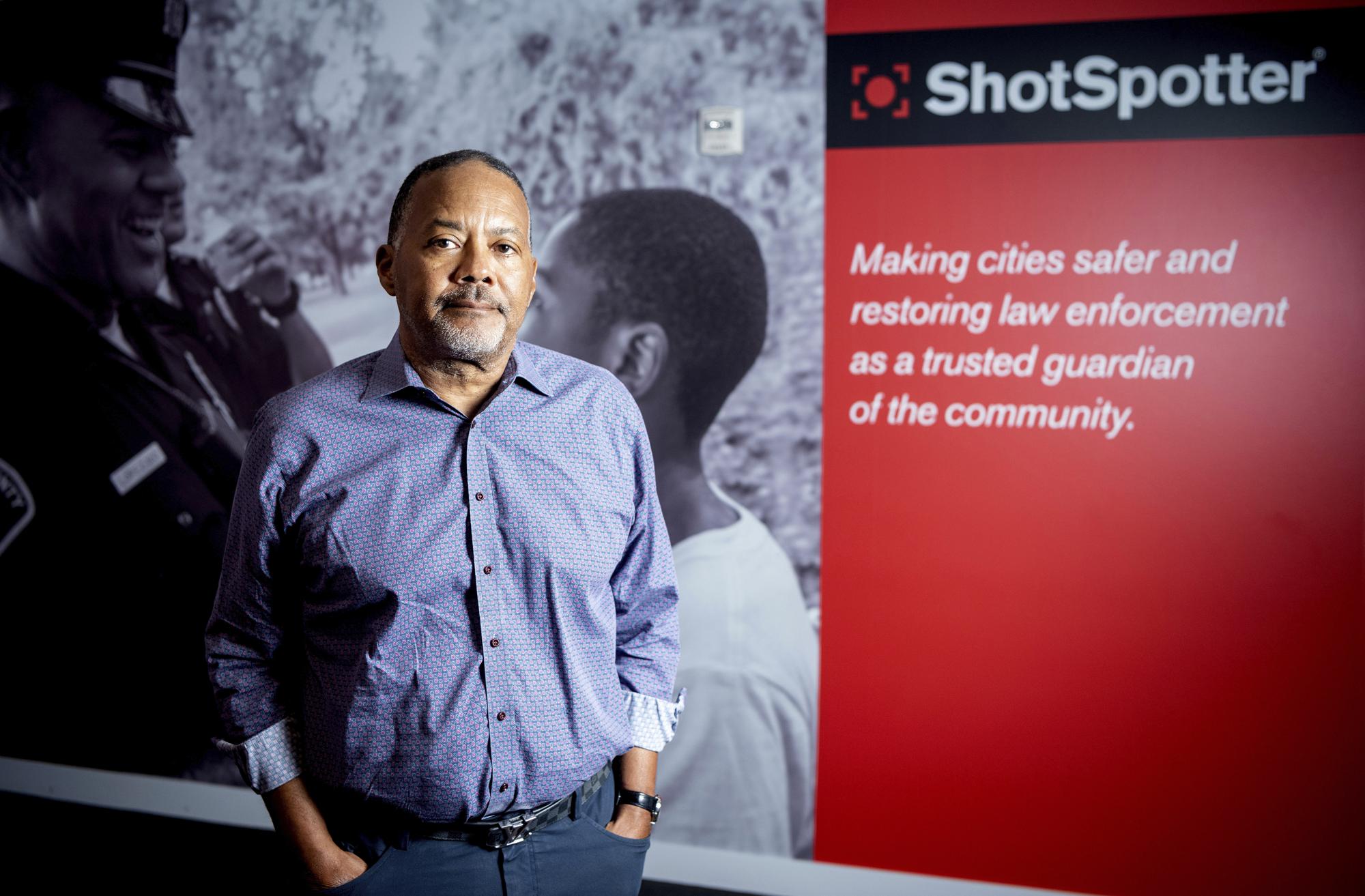 ShotSpotter CEO Ralph Clark stands for a photo at his office in Newark, Calif., on Tuesday, Aug, 10, 2021. ShotSpotter uses microphones and algorithms to try to detect when and where gunshots ring out in cities where it's deployed. Clark says the company is constantly improving its system, but it still logs a small percentage of false positives. (AP Photo/Josh Edelson)