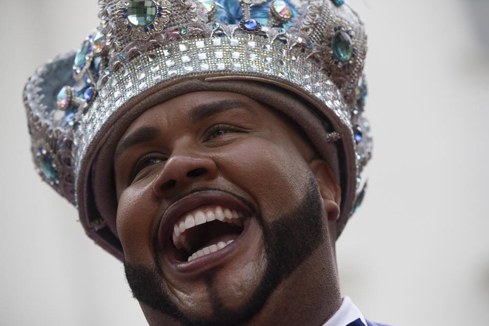 Carnival King Momo, Wilson Dias da Costa Neto, smiles during the ceremony marking the official start of Carnival in Rio de Janeiro, Brazil, Wednesday, April 20, 2022. (AP Photo/Bruna Prado)