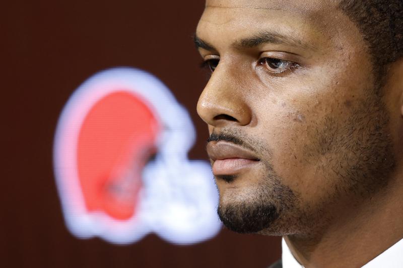 Cleveland Browns new quarterback Deshaun Watson listens to a question during a news conference at the NFL football team's training facility, Friday, March 25, 2022, in Berea, Ohio. (AP Photo/Ron Schwane)