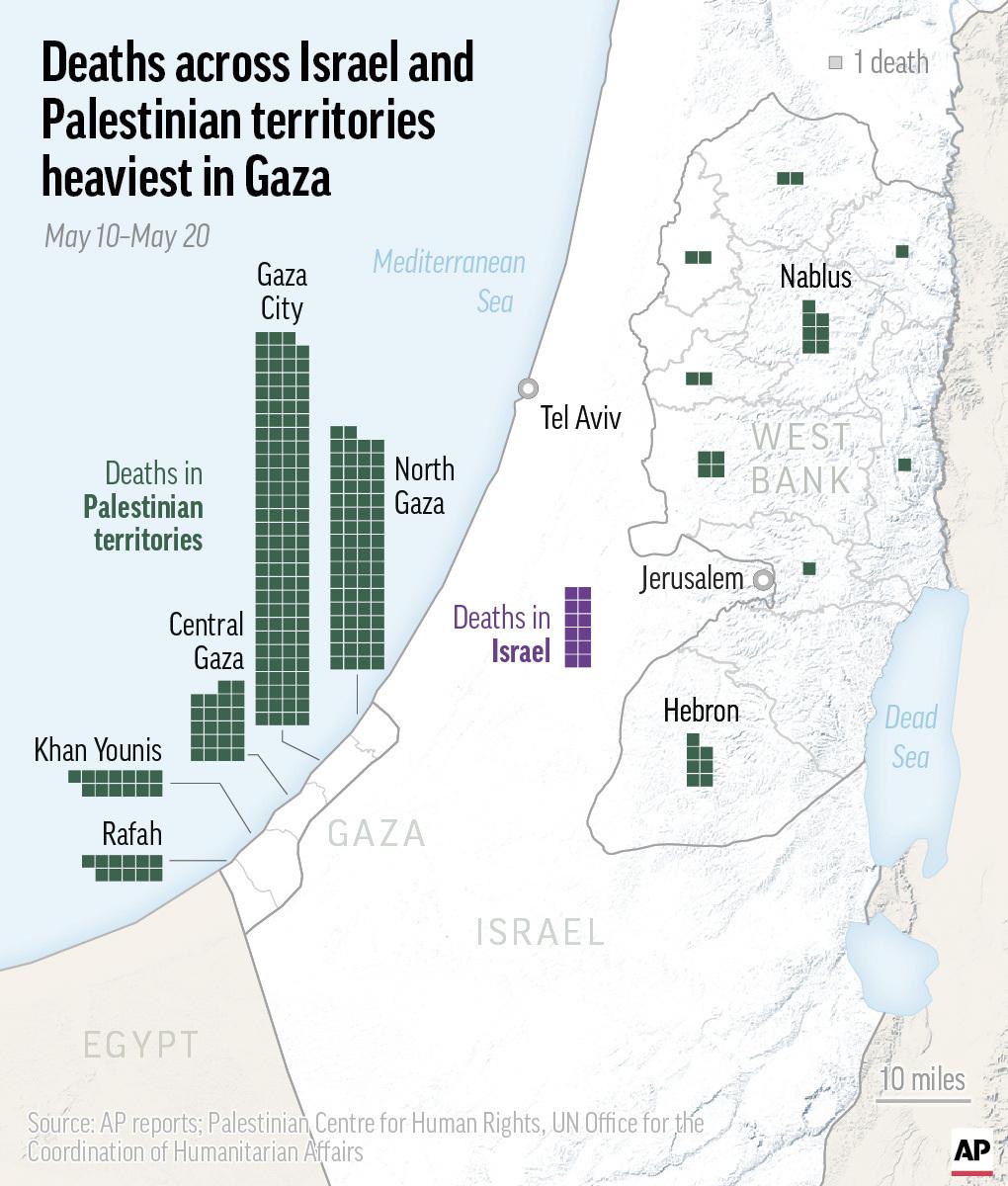 Ta mapa pokazuje ofiary śmiertelne w Izraelu i na terytoriach palestyńskich. Walki rozpoczęły się 10 maja, kiedy Hamas wystrzelił rakiety dalekiego zasięgu w kierunku Jerozolimy po wielu dniach starć między palestyńskimi demonstrantami a izraelską policją na terenie meczetu Al-Aksa.