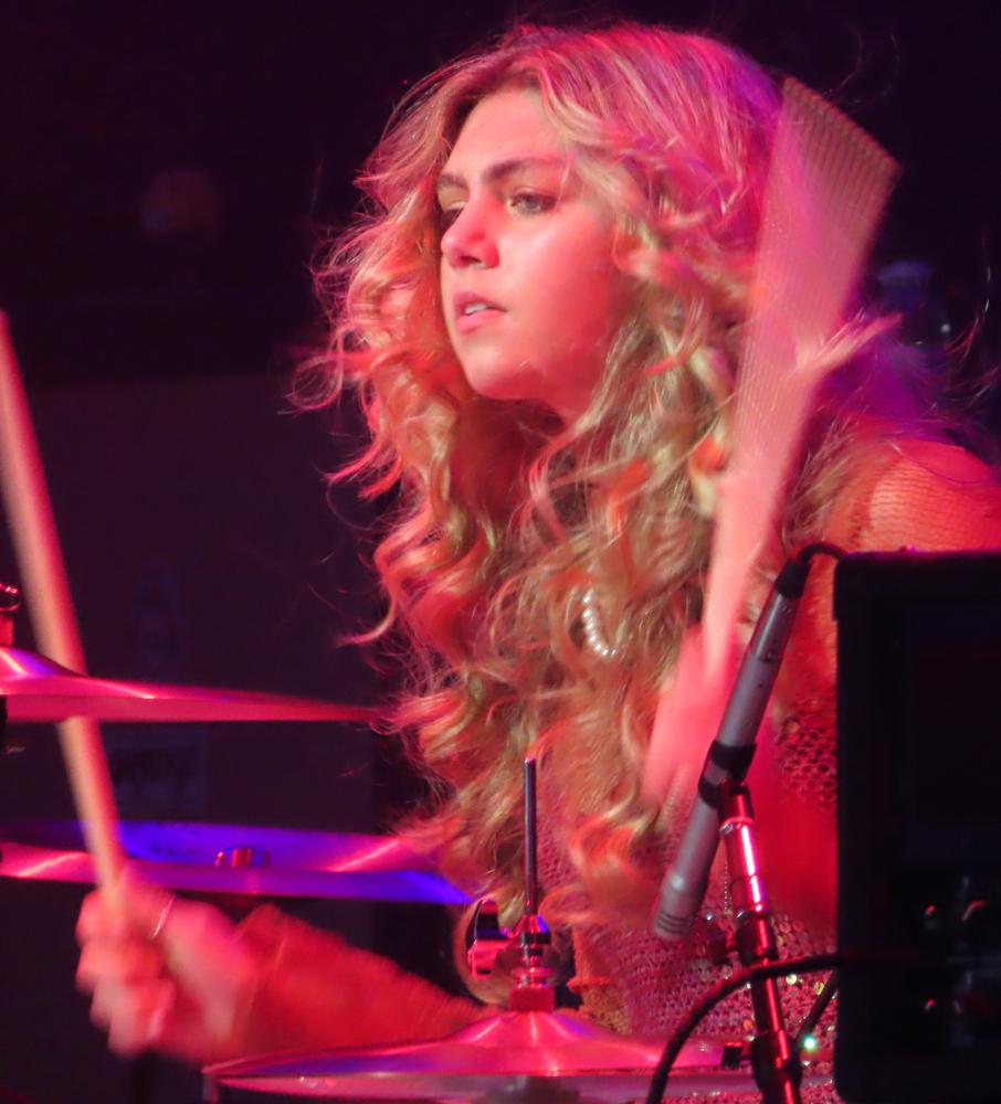 Drummer Brooke of the rock group performs at the Tropicana casino in Atlantic City, N.J. on March 11, 2022. The all-female band from upstate New York has been winning new fans by touring with some of the biggest bands in rock. (AP Photo/Wayne Parry)