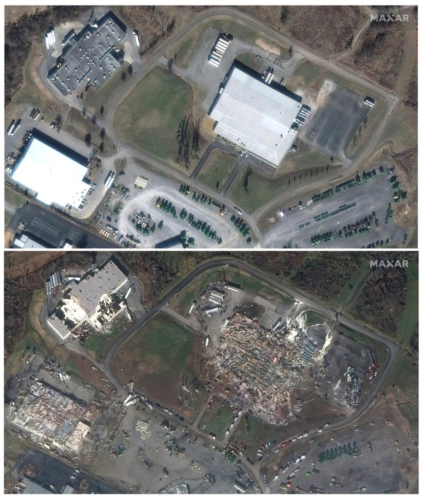 This combination of satellite images provided by Maxar Technologies shows Mayfield Consumer Products candle factory and nearby buildings, in Mayfield, Ky., on Jan. 28, 2017, top, and below on Saturday, Dec. 11, 2021, after a tornado caused heavy damage in the area. (Satellite image ©2021 Maxar Technologies via AP)