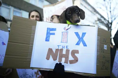 Un miembro del Royal College of Nursing sostiene a un perro en la línea de piquetes durante una huelga, en el exterior del College Hospital, en Londres, el 18 de enero de 2023. (James Manning/PA via AP)