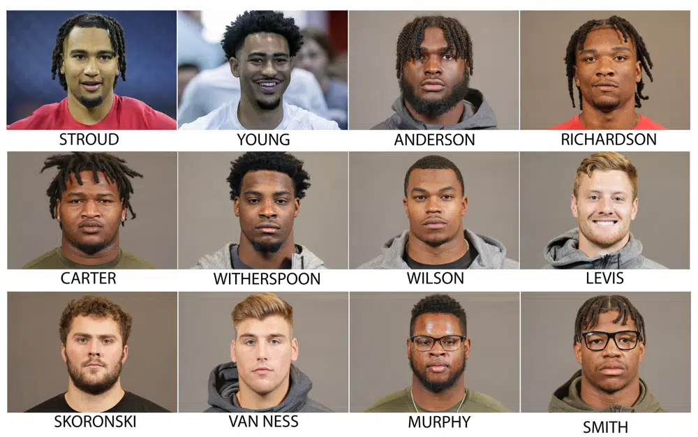 FILE - These are 2023 photos showing possible picks in the NFL football draft. From top left are: C.J. Stroud, Bryce Young, Will Anderson, Anthony Richardson, Jalen Carter, Devon Witherspoon, Tyree Wilson, Will Levis, Peter Skoronski, Lukas Van Ness, Myles Murphy and Nolan Smith. (AP Photo/File)