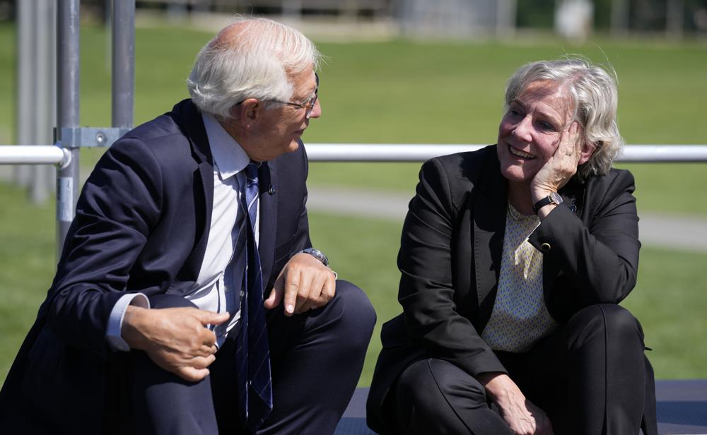 European Union foreign policy chief Josep Borrell, left, speaks with Dutch Defense Ank Bijleveld prior to a group photo at a meeting of EU defense ministers at the Brdo Congress Center in Kranj, Slovenia, Thursday, Sept. 2, 2021. (AP Photo/Darko Bandic)