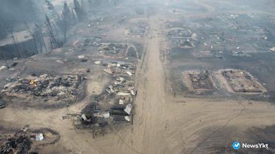 Una vista aérea de la aldea de Byas-Kuel, en el extremo oriente de Rusia, tras un incendio forestal, el  8 de agosto del 2021. (NewsYkt via AP)