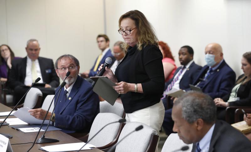 Judy Wiegand speaks during a House Judiciary Committee meeting in Raleigh, N.C., Tuesday, June 22, 2021. Wiegand, who was married when she was 13, was speaking in favor of Senate Bill 35, which would raise the minimum age to be married to 16. (Ethan Hyman/The News & Observer via AP)