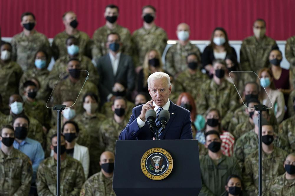 President Joe Biden speaks to American service members at RAF Mildenhall in Suffolk, England, Wednesday, June 9, 2021. (AP Photo/Patrick Semansky)