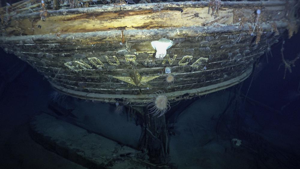 In this photo issued by Falklands Maritime Heritage Trust, a view of the stern of the wreck of Endurance, polar explorer's Ernest Shackleton's ship. Scientists say they have found the sunken wreck of polar explorer Ernest Shackleton’s ship Endurance, more than a century after it was lost to the Antarctic ice. The Falklands Maritime Heritage Trust says the vessel lies 3,000 meters (10,000 feet) below the surface of the Weddell Sea. An expedition set off from South Africa last month to search for the ship, which was crushed by ice and sank in November 1915 during Shackleton’s failed attempt to become the first person to cross Antarctica via the South Pole. (Falklands Maritime Heritage Trust/National Georgraphic via AP)