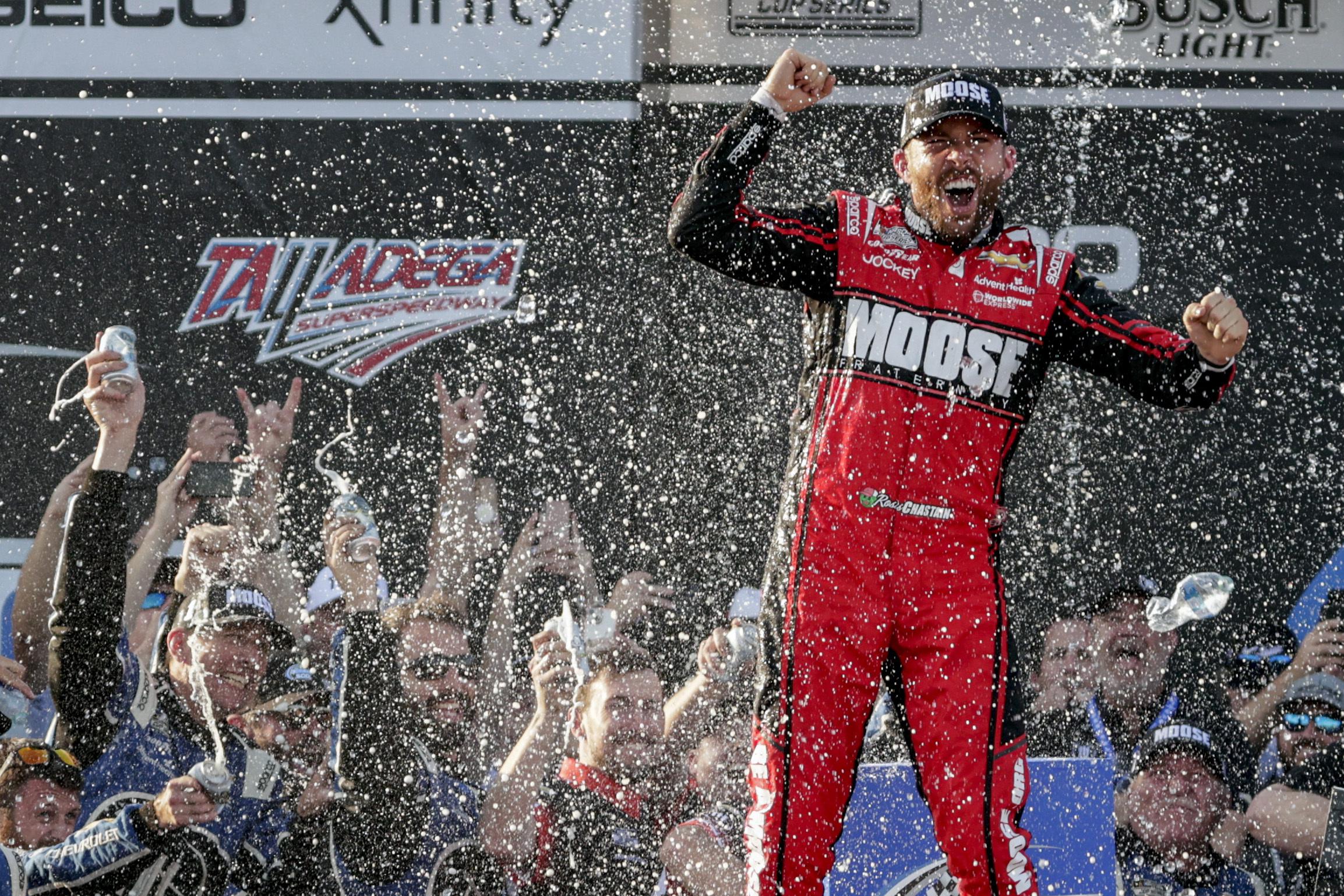 Ross Chastain steals victory at Talladega Superspeedway | AP News