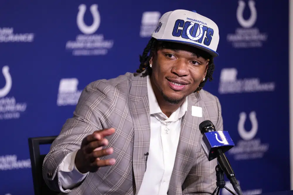 Indianapolis Colts first-round draft pick Anthony Richardson speaks during a news conference at the NFL football team's practice facility in Indianapolis, Friday, April 28, 2023. (AP Photo/Michael Conroy)