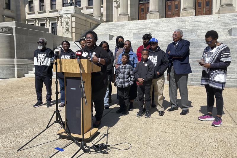 Former Mississippi state Rep. Kathy Sykes speaks outside the Mississippi state Capitol in Jackson, Miss., on Tuesday, March 14, 2023, during a news conference by opponents of bills that would create courts with appointed rather than elected judges and expand the patrol territory of the state-run Capitol Police department within the majority-Black city of Jackson. (AP Photo/Emily Wagster Pettus)