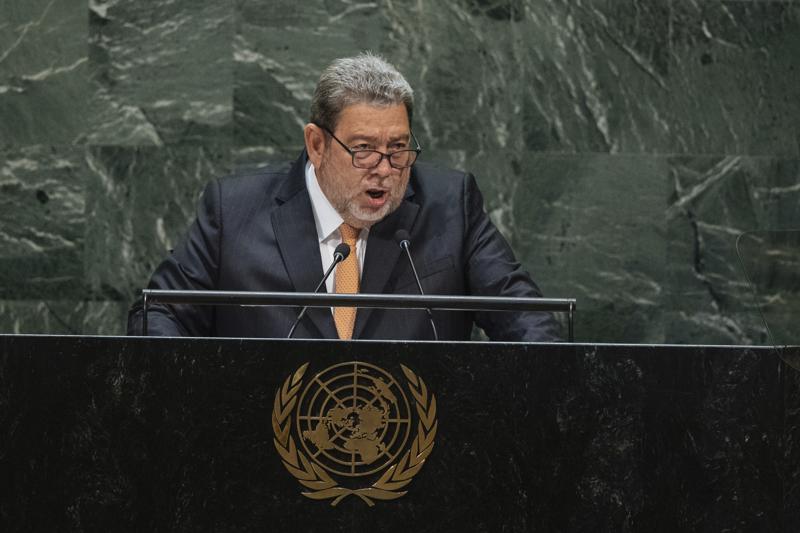 FILE - In this Sept. 27, 2019 file photo, Saint Vincent and the Grenadines' Prime Minister Ralph Gonsalves addresses the 74th session of the United Nations General Assembly at the U.N. headquarters. Gonsalves was hospitalized after a demonstrator threw a rock at his head during an anti-vaccine protest in the eastern Caribbean island, officials said late Thursday, Aug. 5, 2021. (AP Photo/Kevin Hagen, File)