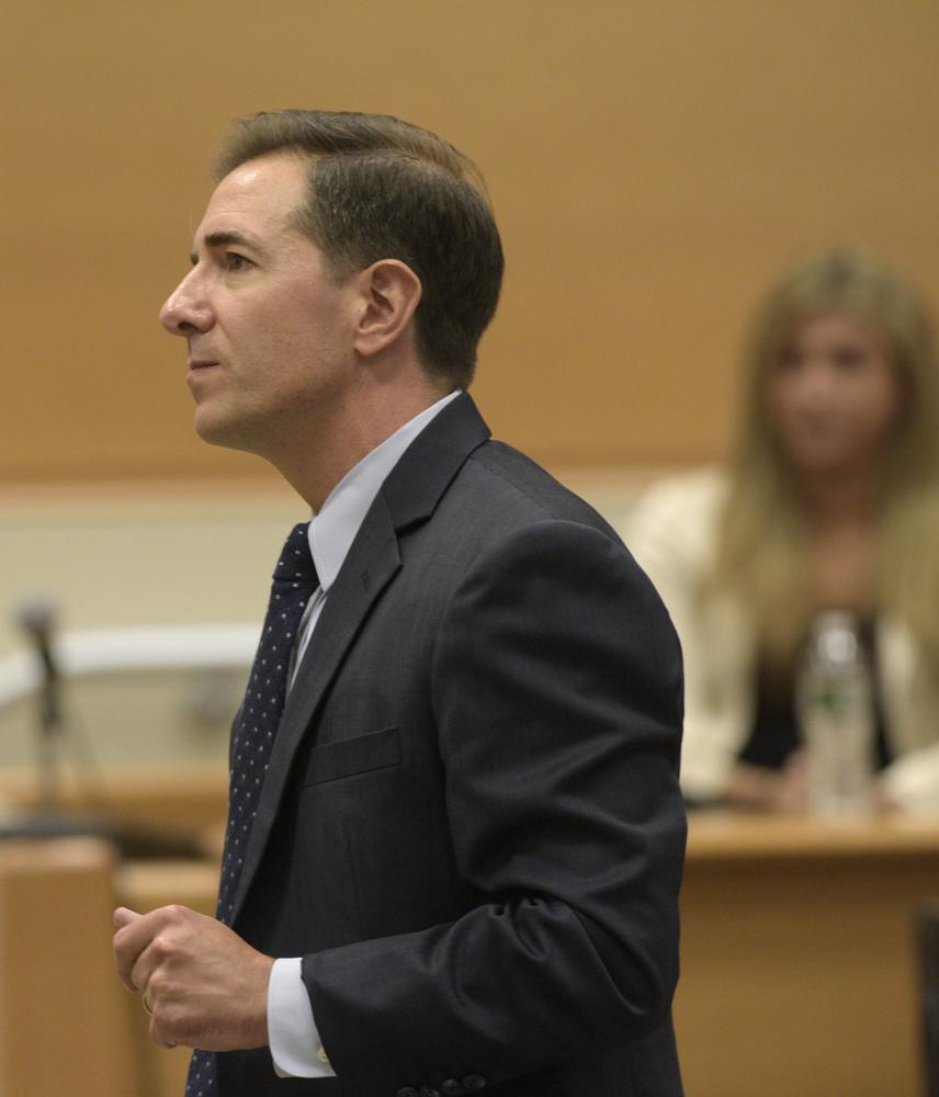 Attorney Chris Mattei questions Brittany Paz, a Connecticut lawyer hired by Alex Jones to testify about his companies' operations during the Alex Jones Sandy Hook defamation damages trial in Superior Court in Waterbury on Friday, Sept. 16, 2022, Waterbury, Conn. (H John Voorhees III/Hearst Connecticut Media via AP, Pool)