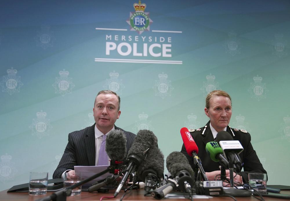 Head of Counterterrorism Policing North West Russ Jackson, left and Merseyside Police Chief Constable Serena Kennedy take part in  a press conference after an incident outside the Liverpool Women's Hospital on Sunday, at Merseyside Police Headquarters, in Liverpool, England Monday, Nov. 15, 2021. British police say an explosion in a taxi outside a hospital that killed a man is being treated as a terrorist incident, but the motive remains unclear. (Peter Byrne/PA via AP)