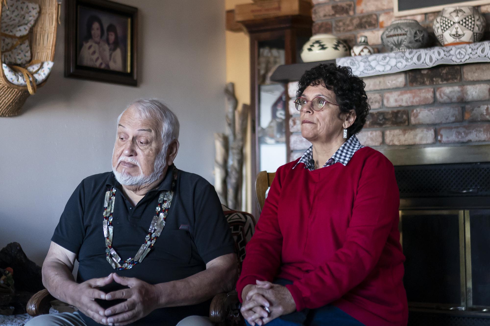 Gary Risling, left, and Judy Risling, talk about the disappearance of their daughter Emmilee Risling on Jan. 21, 2022, in McKinleyville, Calif. The 33-year-old college graduate — an accomplished traditional dancer with ancestry from three area tribes — was last seen more than four months ago walking across a bridge near End of Road, a far corner of the Yurok Reservation where the rutted pavement dissolves into thick woods. Her disappearance is one of five instances in the past 18 months where Indigenous women have gone missing or been killed in an isolated expanse of Pacific coastline between San Francisco and Oregon, a region where the Yurok, Hupa, Karuk and Wiyot people have co-existed for millenia. (AP Photo/Nathan Howard)
