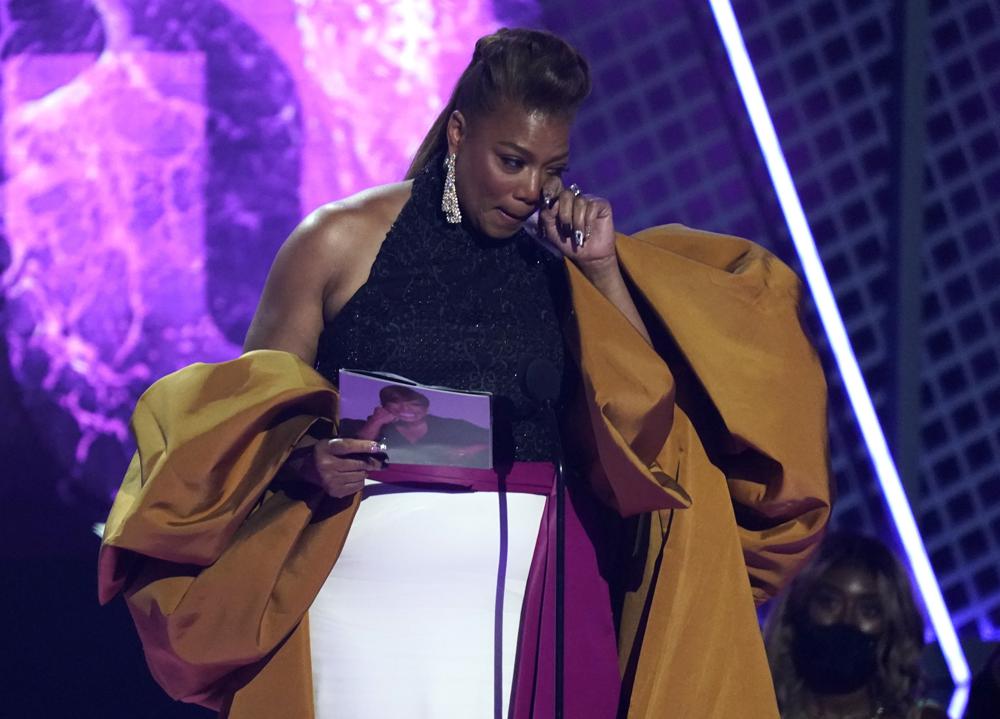 Queen Latifah accepts the lifetime achievement award at the BET Awards on Sunday, June 27, 2021, at the Microsoft Theater in Los Angeles. (AP Photo/Chris Pizzello)