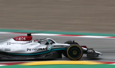 Mercedes driver George Russell of Britain steers his car during a Formula One pre-season testing session at the Catalunya racetrack in Montmelo, just outside of Barcelona, Spain, Friday, Feb. 25, 2022. (AP Photo/Joan Monfort)