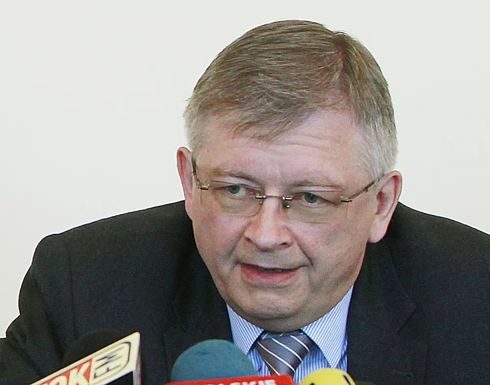 FILE - This file photo from May 12, 2015, shows Russian ambassador to Poland Sergey Andreev during a news conference in Warsaw, Poland. The Polish Foreign Ministry summoned the Russian ambassador in protest Friday after a former Russian official suggested that it would be acceptable to assassinate Poland's ambassador to Russia. (AP Photo/Czarek Sokolowski)